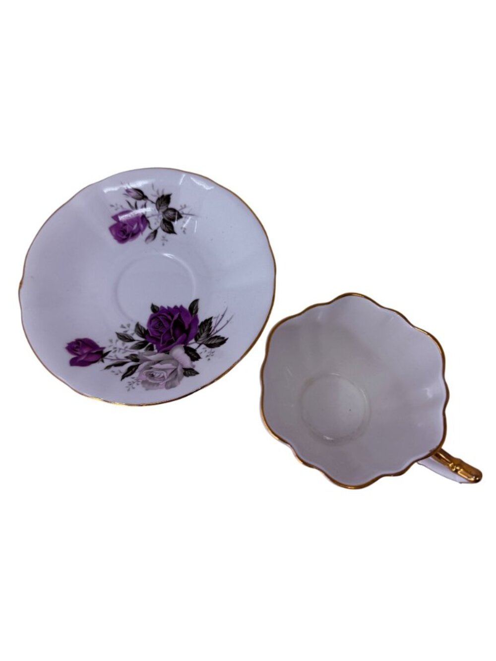 Vintage Royal London Bone China Purple Gold Rose Teacup Saucer England Imperfect - Picture 3 of 6